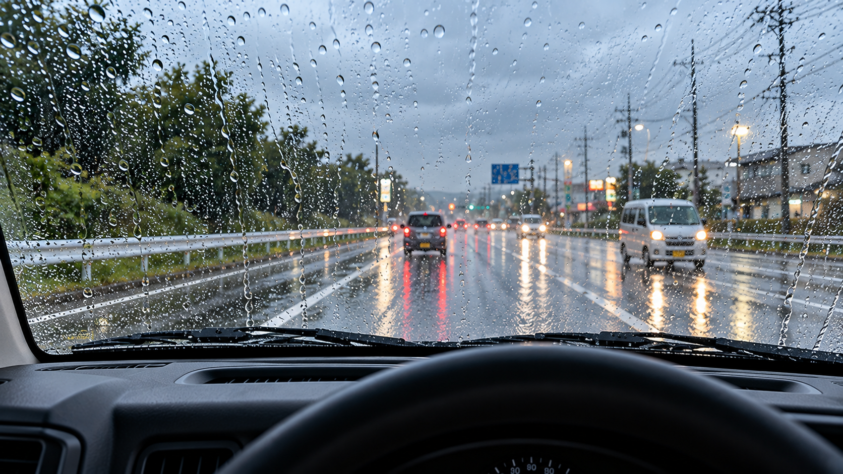 雨の日のフロントガラスとワイパー