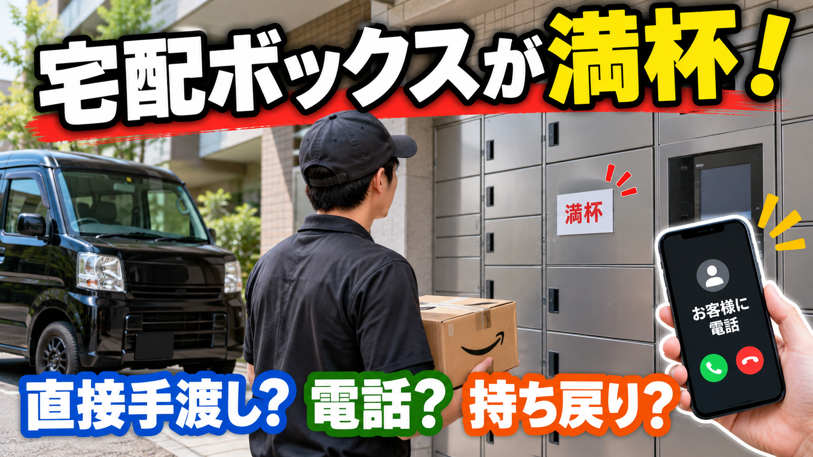 宅配ボックスが満杯の場合の直接手渡し・電話・持ち戻りを解説するアイキャッチ