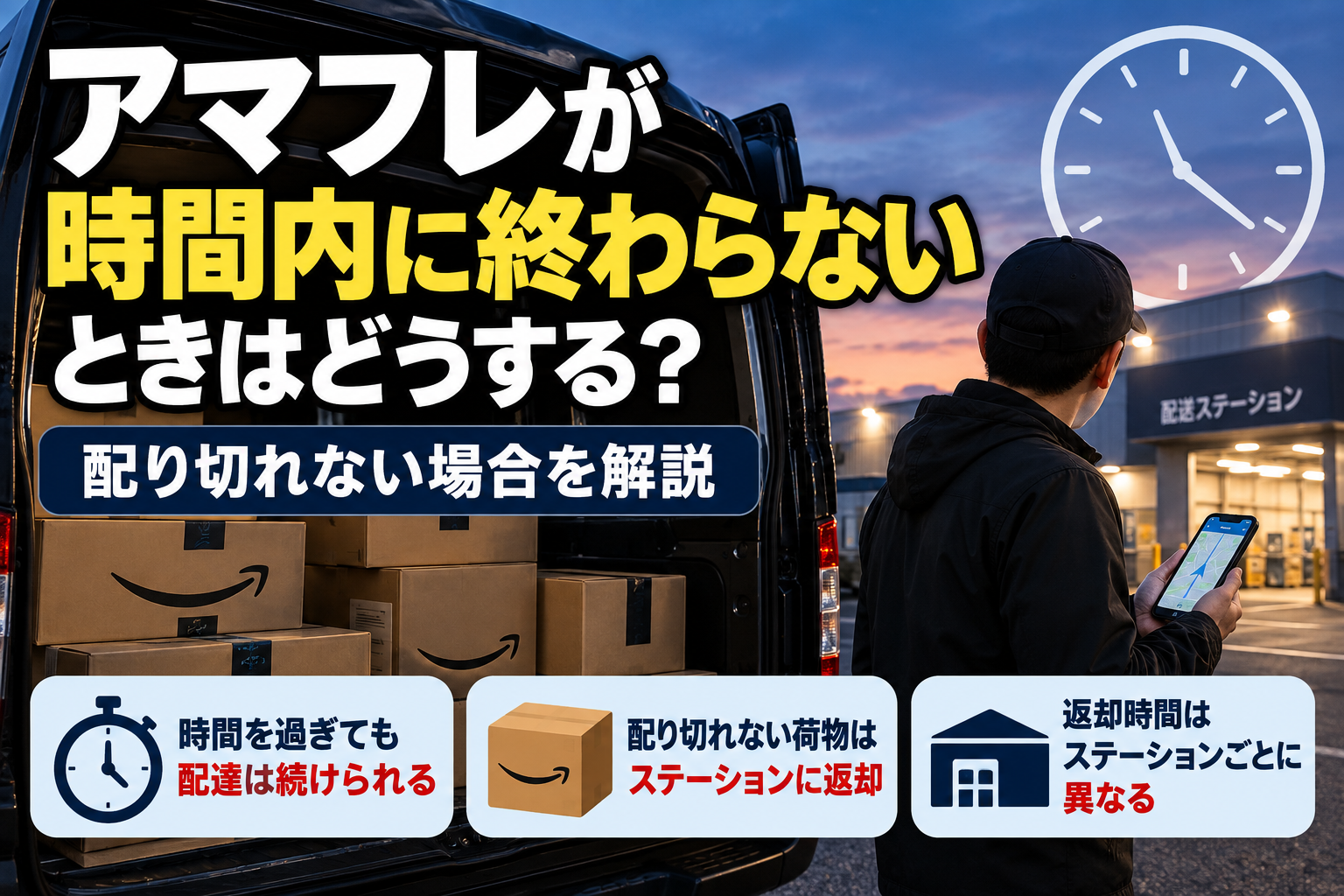 Amazon Flexで時間内に配り切れない場合と持ち戻りを解説するアイキャッチ